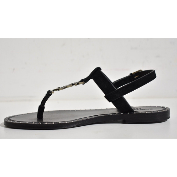 Saint Laurent YSL Logo Iota 05 Black Suede Studded Thong Slide Flat Sandal 36 - Picture 9 of 12